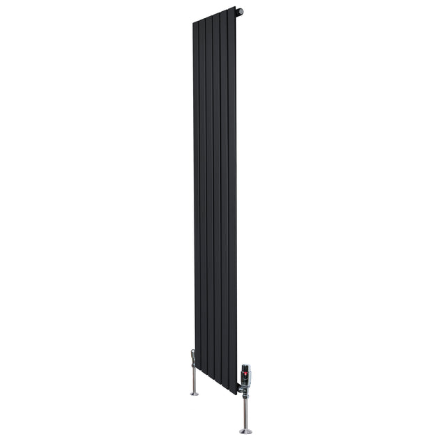 Radiador plano de columna simple negro de 1800 mm x 420 mm, con válvulas, diseño moderno y acabado liso y elegante
