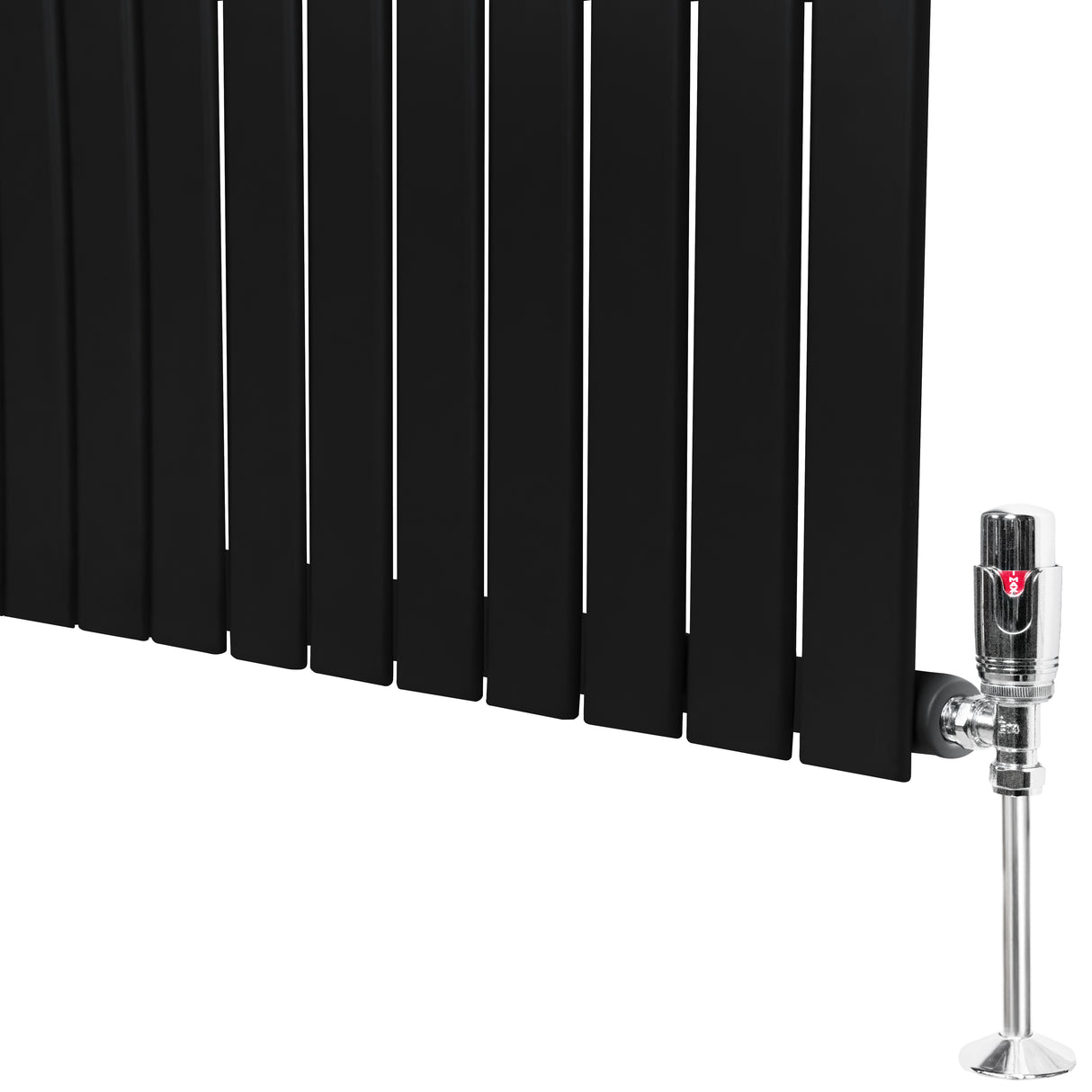 Radiador plano de columna simple en color negro, con válvulas, mide 1800 mm x 420 mm, diseño moderno y elegante para calefacción eficiente