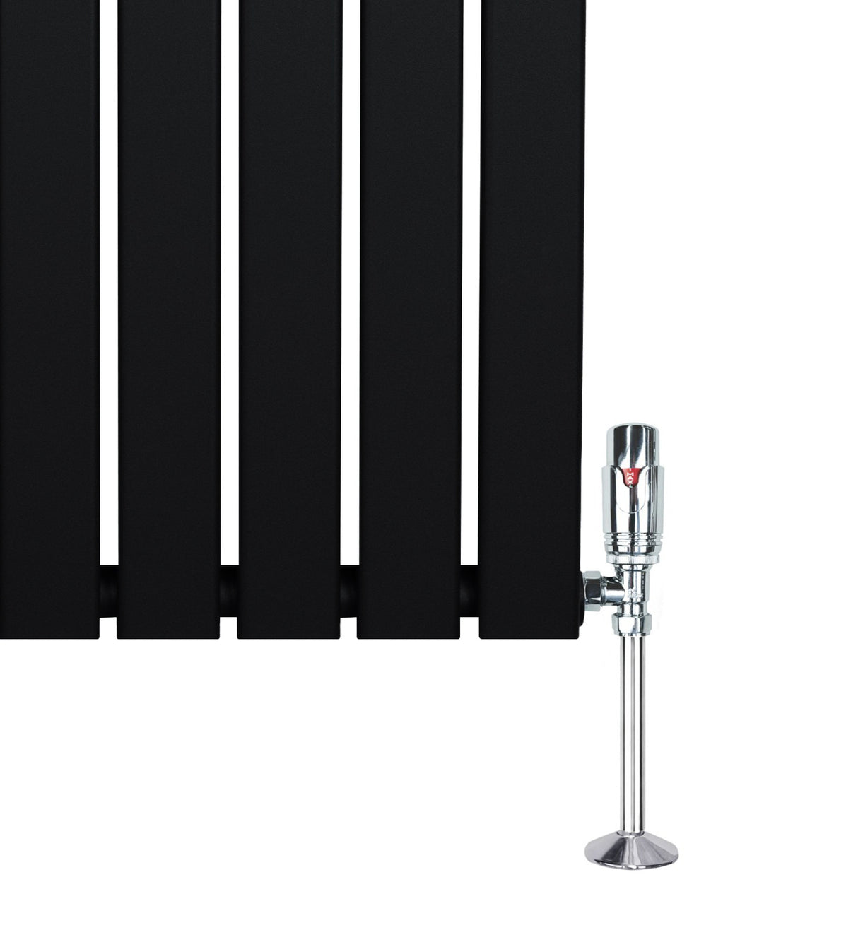 Radiador plano de columna simple negro de 1800 mm x 420 mm con válvulas metálicas brillantes y diseño moderno y minimalista