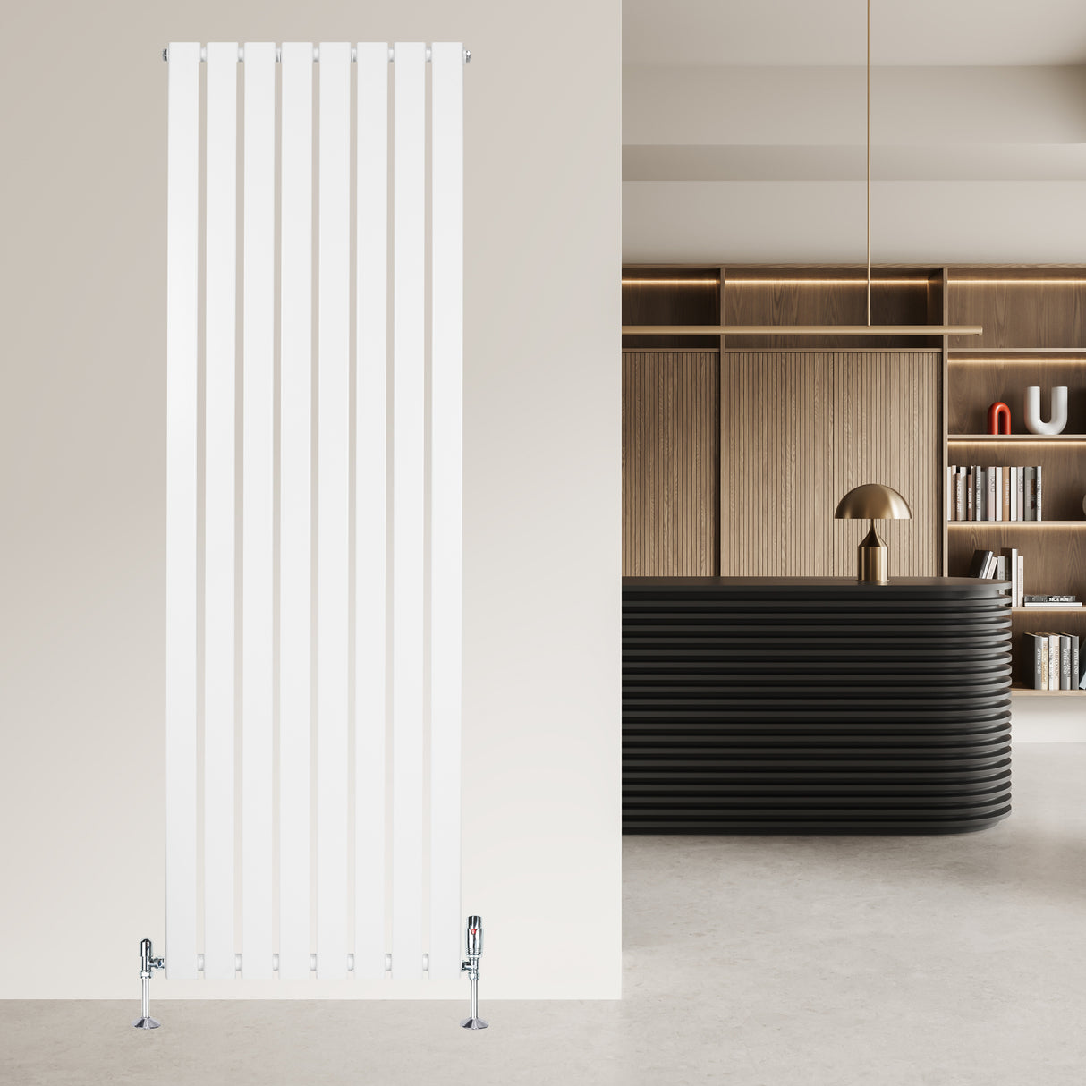 Radiador plano de columna simple en color blanco, con diseño vertical y válvulas, ideal para espacios modernos y elegantes