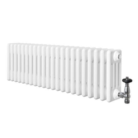 Radiador tradicional de 4 columnas en color blanco, con válvulas, diseño alargado y acabado brillante, ideal para calefacción eficiente