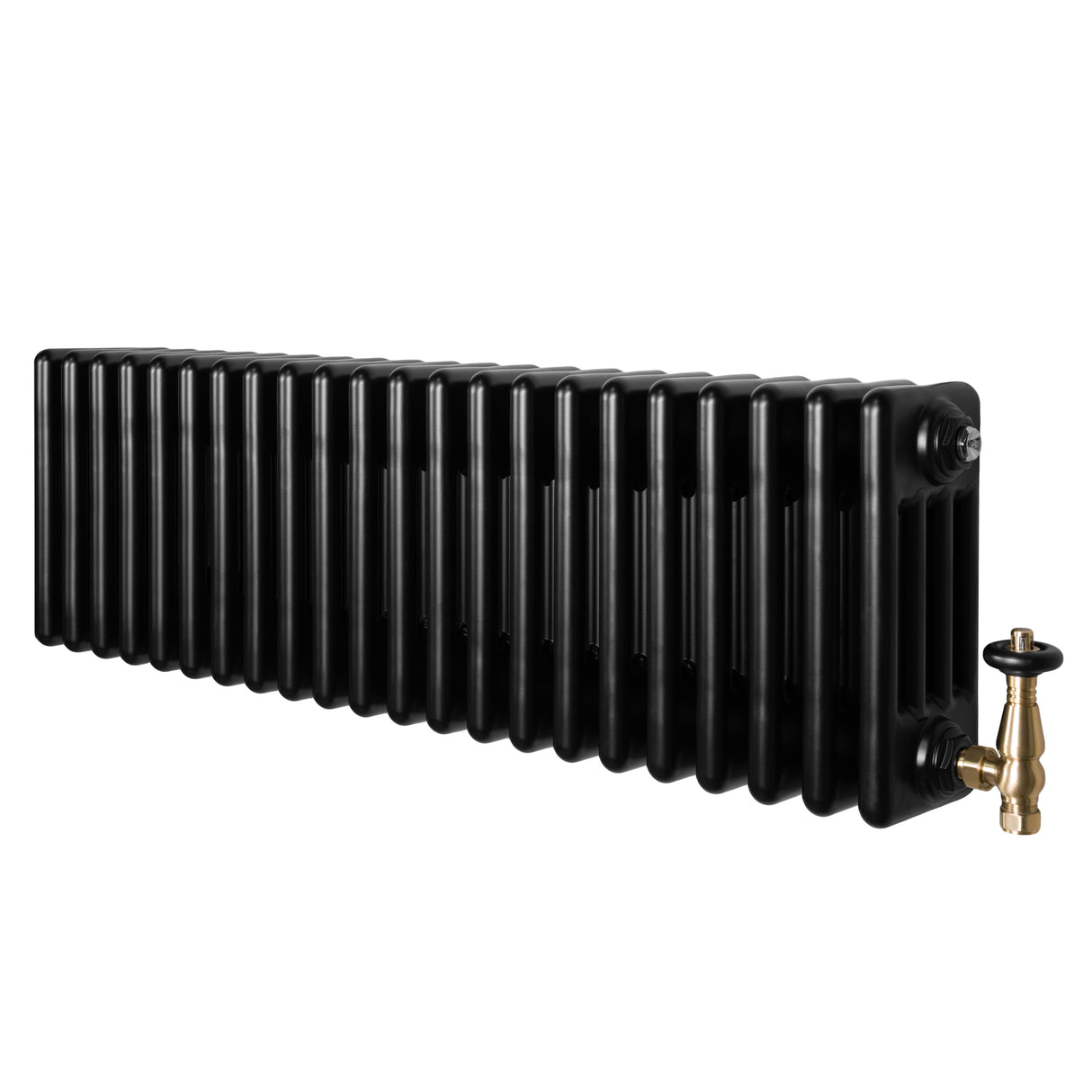 Radiador tradicional negro de 4 columnas, 300 x 1010 mm, con válvulas de bronce y acabado liso, ideal para calefacción eficiente