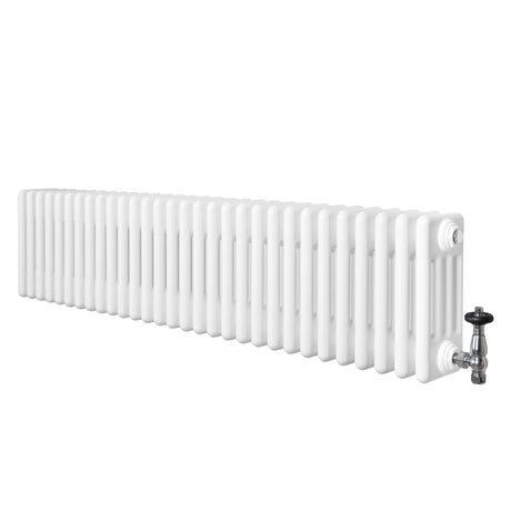 Radiador tradicional de 4 columnas en color blanco, con válvulas, mide 300 x 1370 mm, ideal para calefacción eficiente y elegante