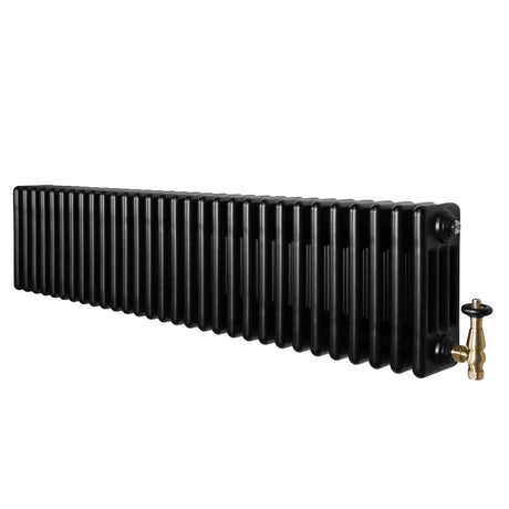 Radiador tradicional negro de 4 columnas, 300 x 1370 mm, con válvulas doradas y textura lisa, ideal para calefacción eficiente