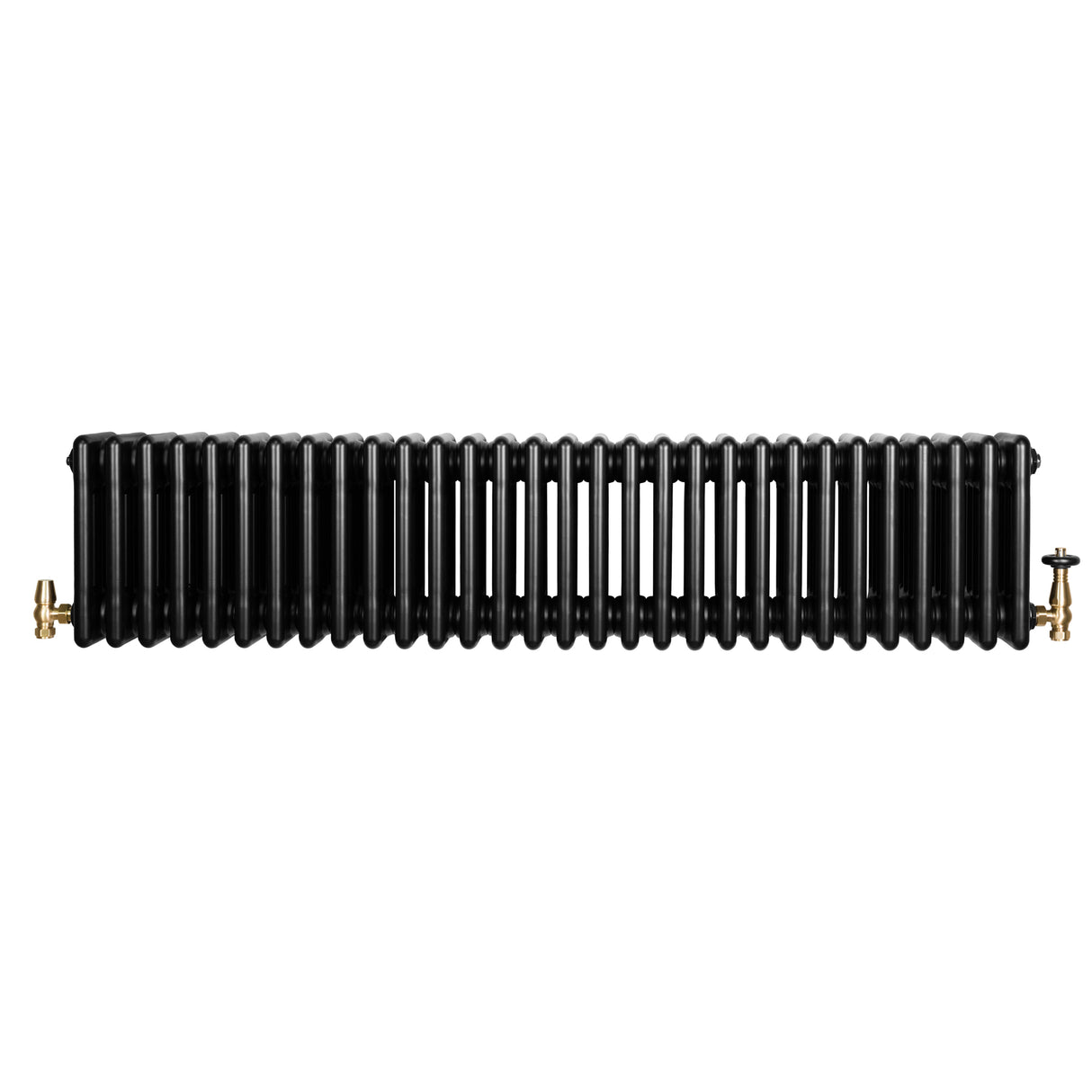 Radiador tradicional negro de 4 columnas, 300 x 1370 mm, con válvulas doradas, diseño elegante y acabado liso y brillante