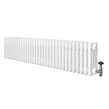 Radiador tradicional de 4 columnas en color blanco, con válvulas, diseño alargado y superficie lisa, ideal para calefacción eficiente