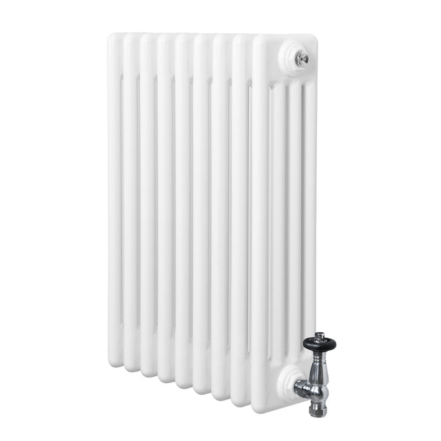 Radiador tradicional de 4 columnas en color blanco, con acabado brillante y válvulas metálicas, ideal para calefacción eficiente