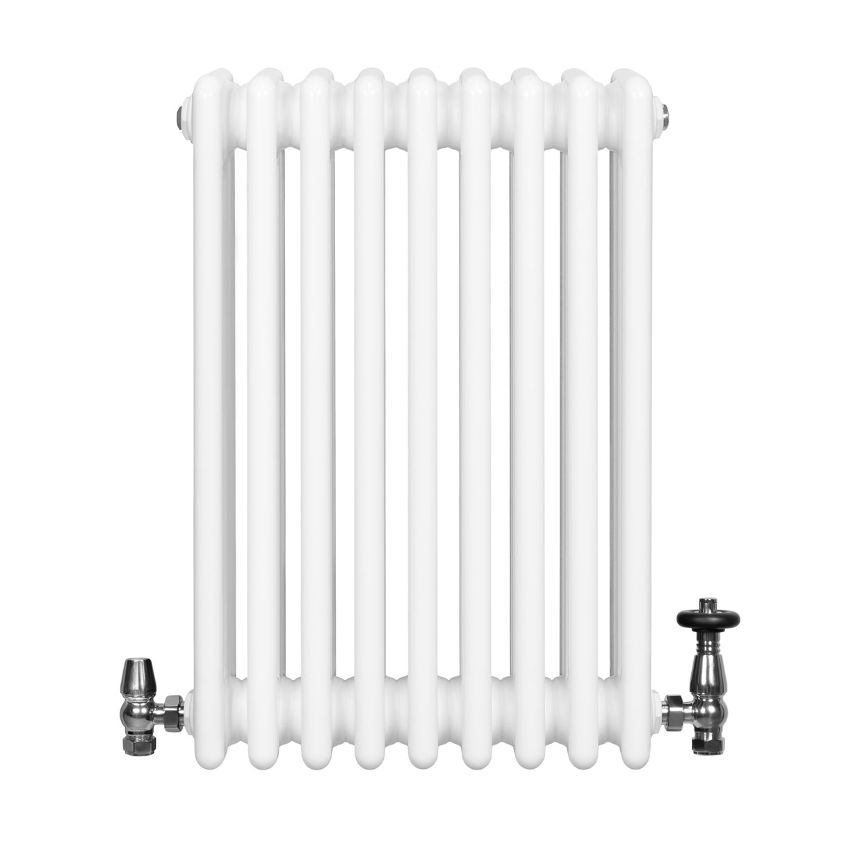 Radiador tradicional de 4 columnas en color blanco, con válvulas metálicas, diseño compacto de 600 x 425 mm, ideal para calefacción