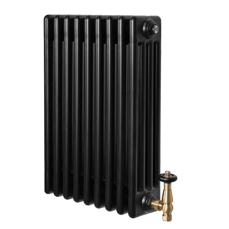 Radiador tradicional negro de 4 columnas con válvulas, acabado liso y brillante, ideal para calefacción en espacios interiores