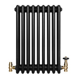 Radiador tradicional de 4 columnas en color negro, con válvulas de bronce, diseño elegante y acabado liso, ideal para calefacción