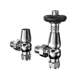 Válvulas de radiador de diseño moderno, en acabado cromado brillante, con detalles en negro y forma ergonómica para fácil uso