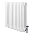Radiador tradicional de 4 columnas en color blanco, con válvulas metálicas, diseño rectangular y superficie lisa y brillante