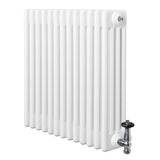 Radiador tradicional de 4 columnas en color blanco, con válvulas metálicas, diseño rectangular y superficie lisa y brillante