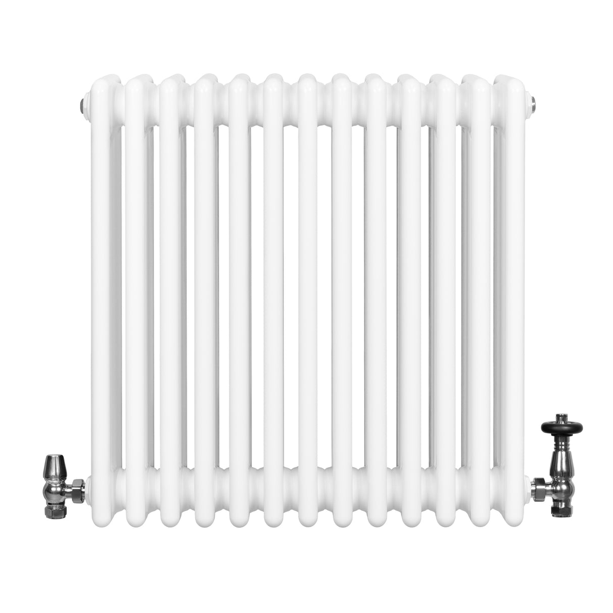Radiador tradicional de 4 columnas en color blanco, con válvulas metálicas brillantes a los lados, diseño elegante y funcional