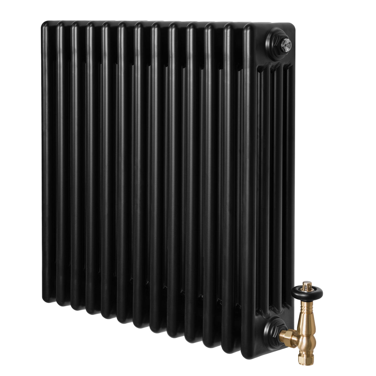 Radiador tradicional de 4 columnas en color negro, con válvula de bronce, diseño elegante y superficie lisa, ideal para calefacción