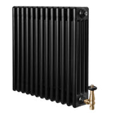Radiador tradicional de 4 columnas en color negro, con válvula de bronce, diseño elegante y superficie lisa, ideal para calefacción