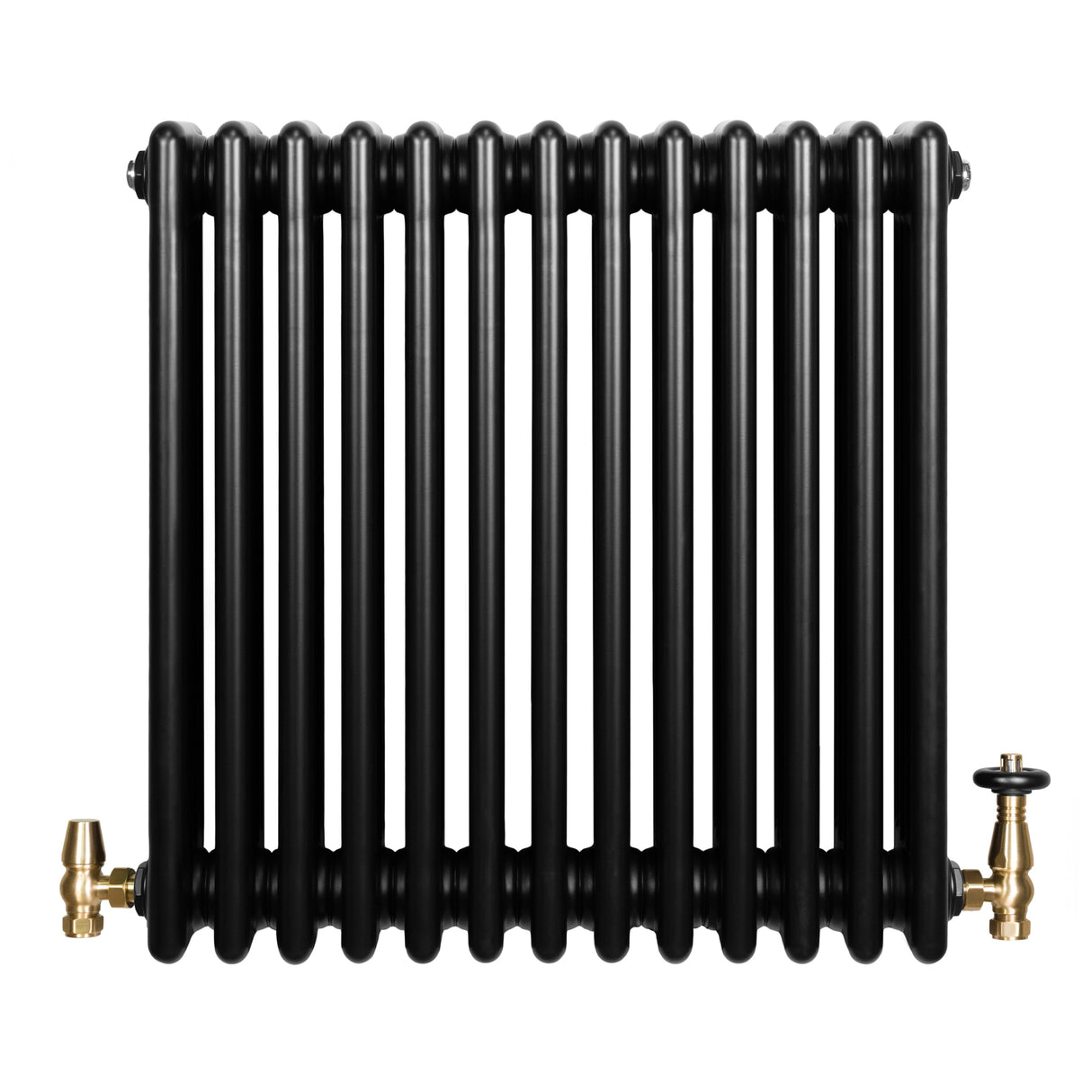 Radiador tradicional de 4 columnas en color negro, con válvulas doradas, diseño robusto y acabado liso, ideal para calefacción