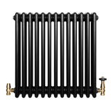 Radiador tradicional de 4 columnas en color negro, con válvulas doradas, diseño robusto y acabado liso, ideal para calefacción