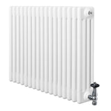 Radiador tradicional de 4 columnas en color blanco, con válvulas cromadas, diseño rectangular y acabado liso, ideal para calefacción