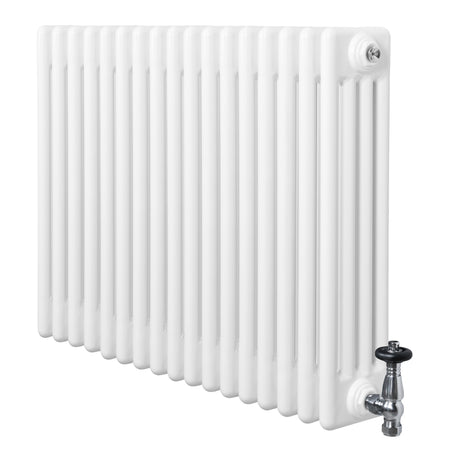 Radiador tradicional de 4 columnas en color blanco, con válvulas cromadas, diseño rectangular y acabado liso, ideal para calefacción