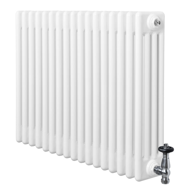 Radiador tradicional de 4 columnas en color blanco, con válvulas cromadas, diseño rectangular y acabado liso, ideal para calefacción