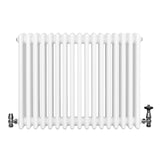 Radiador tradicional de 4 columnas en color blanco, con válvulas metálicas, diseño elegante y acabado liso, ideal para calefacción