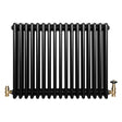 Radiador tradicional negro de 4 columnas, con válvulas doradas, diseño robusto y acabado liso, ideal para calefacción eficiente