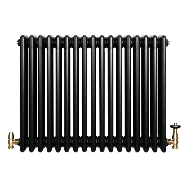 Radiador tradicional negro de 4 columnas, con válvulas doradas, diseño robusto y acabado liso, ideal para calefacción eficiente