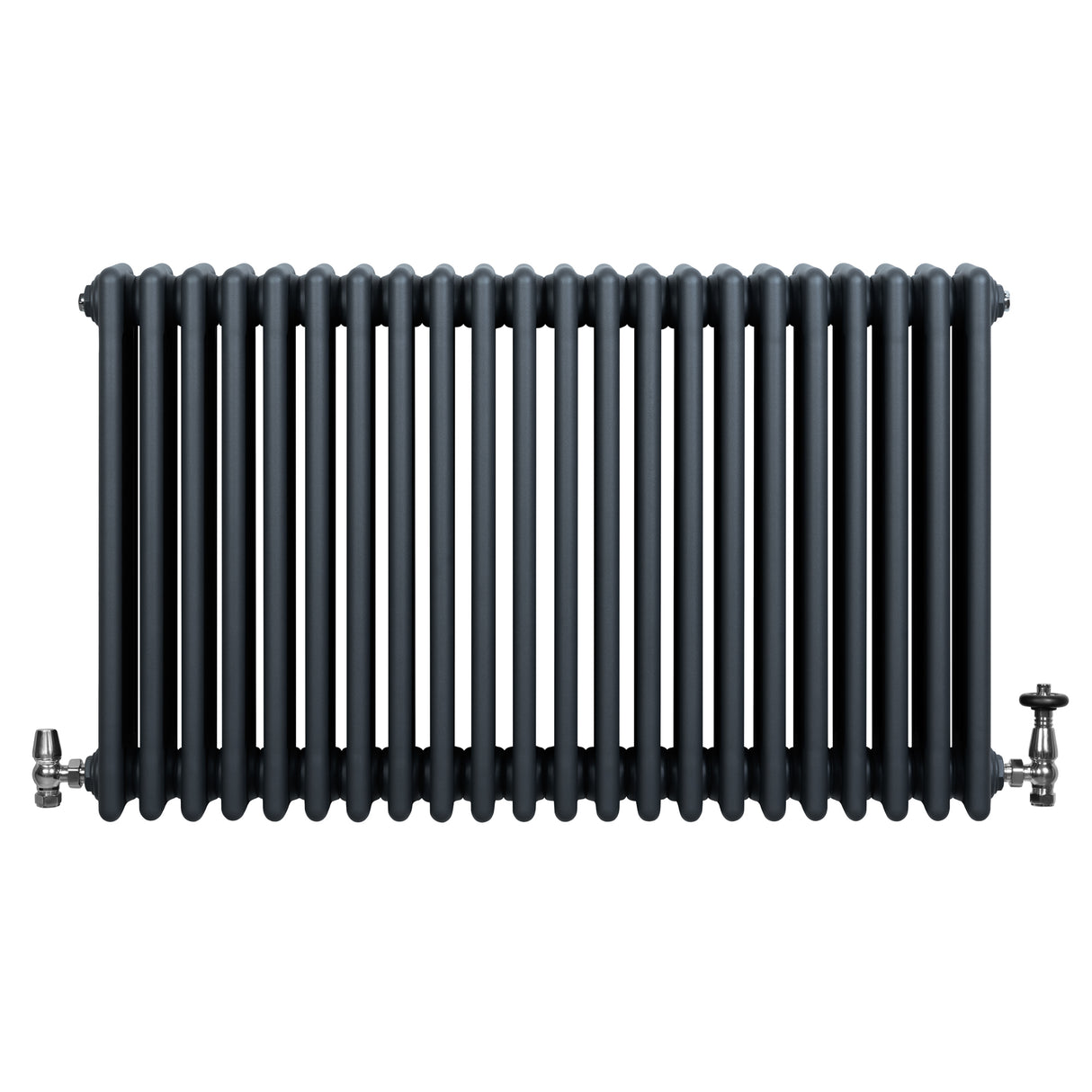 Radiador tradicional de 4 columnas en gris antracita, con válvulas metálicas, diseño elegante y acabado liso, dimensiones 600 x 1010 mm