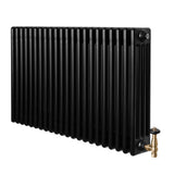 Radiador tradicional negro de 4 columnas, 600 x 1010 mm, con válvulas de bronce, superficie lisa y diseño elegante y funcional