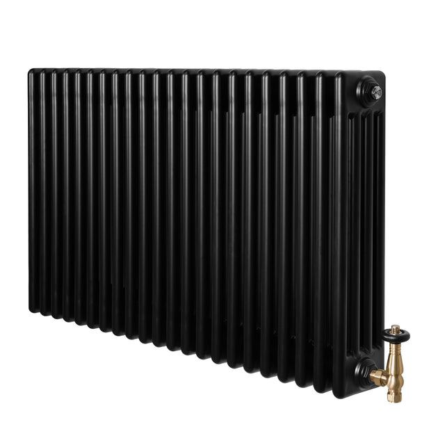 Radiador tradicional negro de 4 columnas, 600 x 1010 mm, con válvulas de bronce, superficie lisa y diseño elegante y funcional
