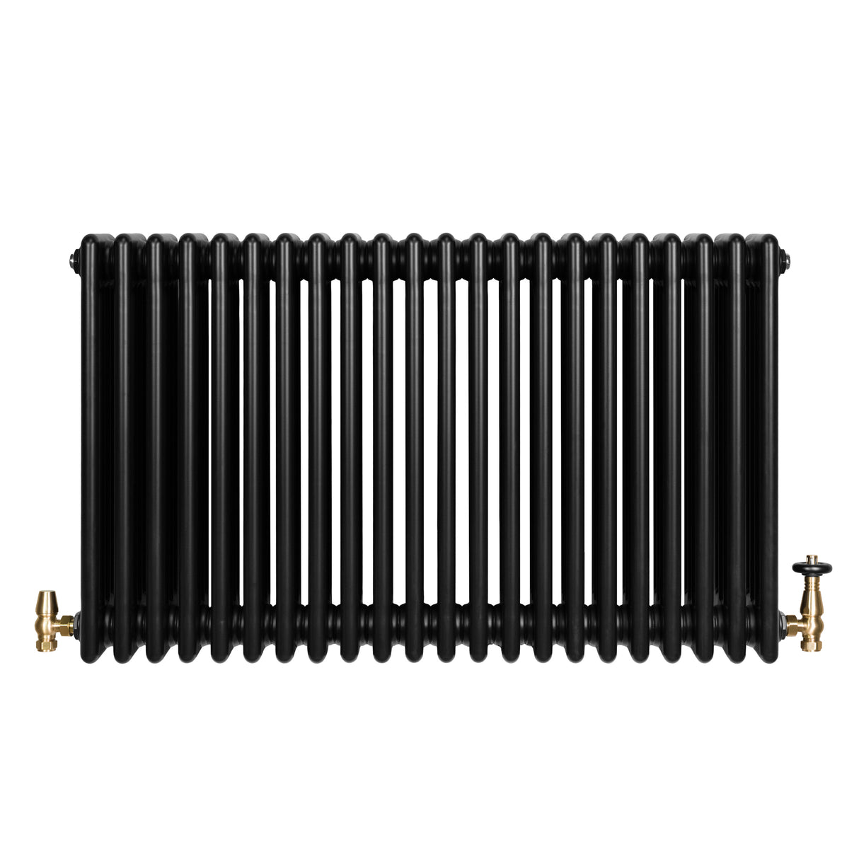 Radiador tradicional negro de 4 columnas con válvulas, diseño robusto y elegante, ideal para calefacción en espacios modernos