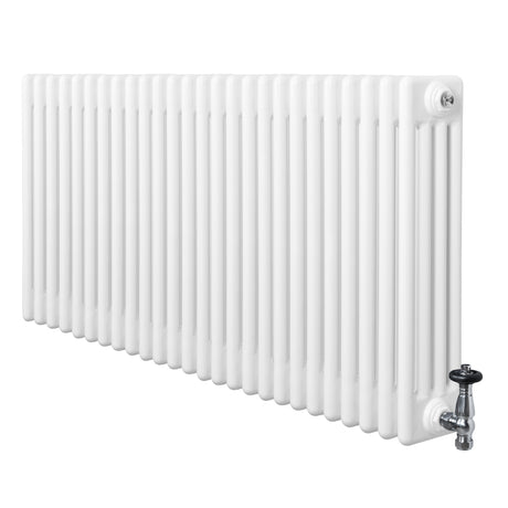 Radiador tradicional de 4 columnas en color blanco, con acabado liso y válvulas metálicas, ideal para calefacción eficiente