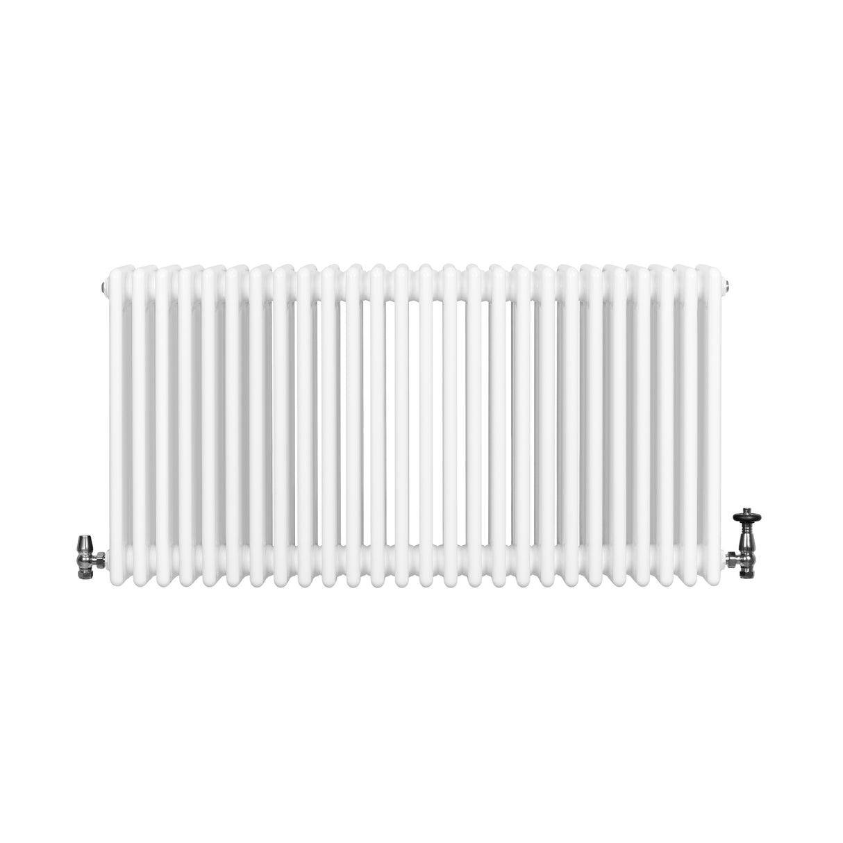 Radiador tradicional de 4 columnas en color blanco, con válvulas, mide 600 x 1190 mm, superficie lisa y diseño clásico