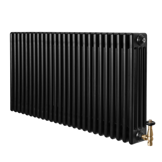 Radiador tradicional de 4 columnas en color negro, con válvulas doradas, diseño elegante y superficie lisa, ideal para calefacción