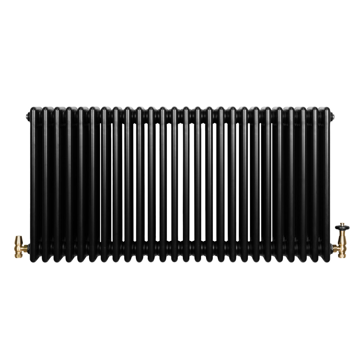 Radiador tradicional negro de 4 columnas, 600 x 1190 mm, con válvulas doradas, diseño elegante y acabado liso y brillante