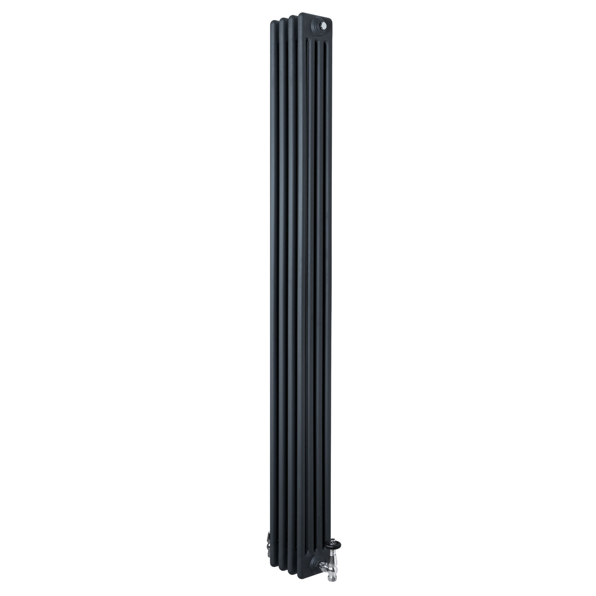 Radiador tradicional de 4 columnas en gris antracita, con acabado liso y válvulas, ideal para calefacción eficiente y elegante