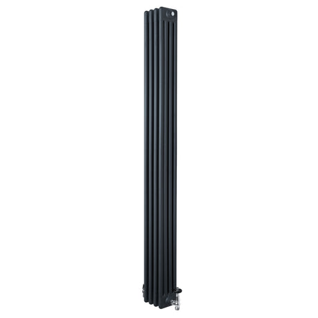 Radiador tradicional de 4 columnas en gris antracita, con acabado liso y válvulas, ideal para calefacción eficiente y elegante