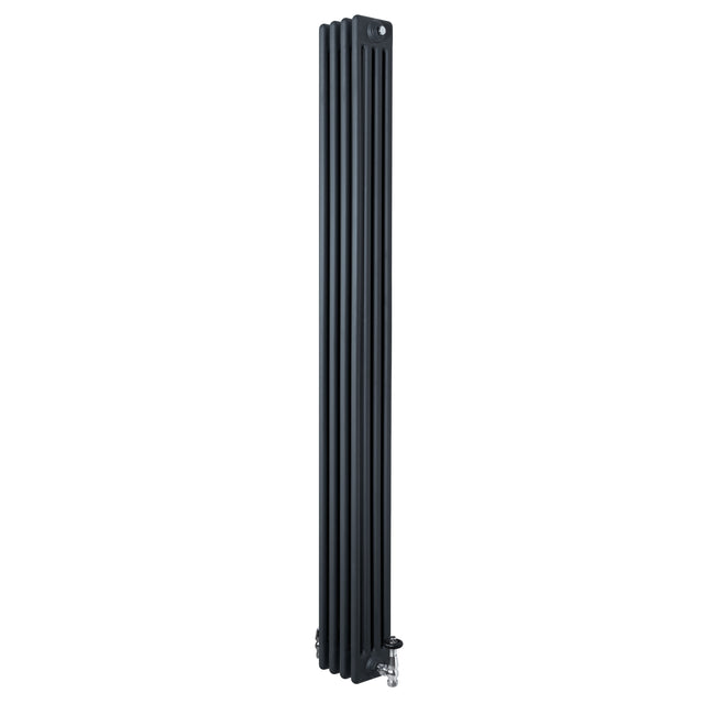 Radiador tradicional de 4 columnas en gris antracita, con acabado liso y válvulas, ideal para calefacción eficiente y elegante