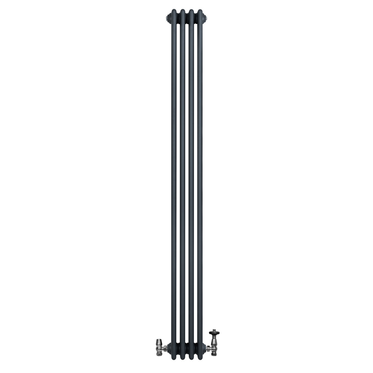 Radiador tradicional de 4 columnas en gris antracita, con válvulas, diseño elegante y acabado liso, ideal para calefacción eficiente
