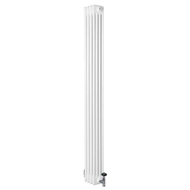 Radiador tradicional de 4 columnas en color blanco, con válvulas, mide 1800 x 200 mm, ideal para calefacción eficiente y elegante