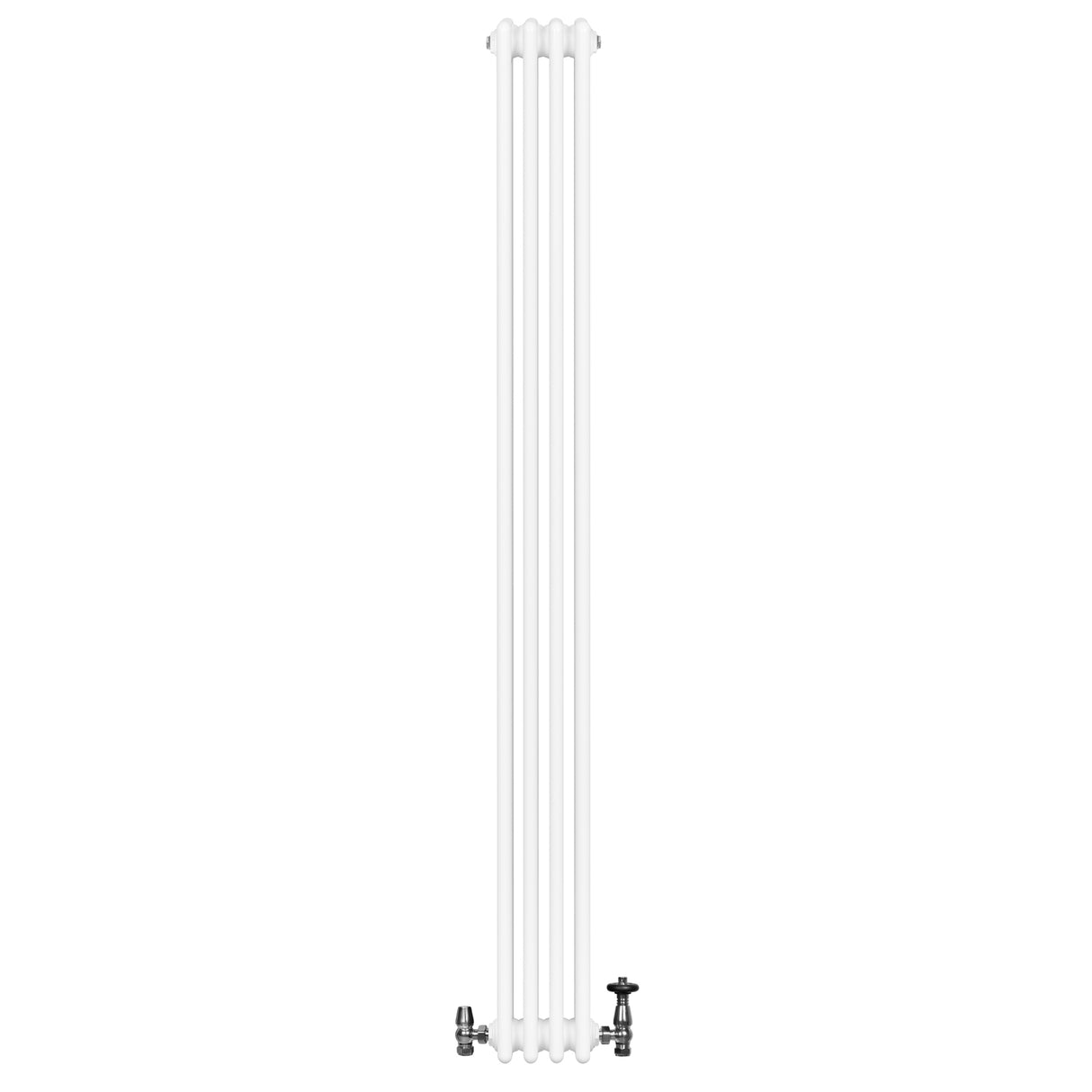 Radiador tradicional de 4 columnas en color blanco, con válvulas metálicas, diseño vertical y acabado liso, ideal para calefacción