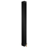 Radiador tradicional de 4 columnas en color negro, con válvulas doradas, mide 1800 x 200 mm, diseño elegante y moderno