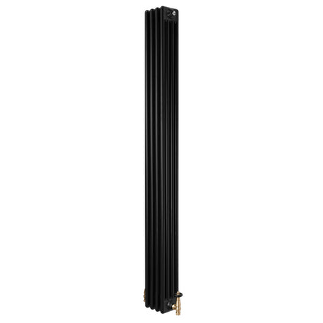 Radiador tradicional de 4 columnas en color negro, con válvulas doradas, mide 1800 x 200 mm, diseño elegante y moderno