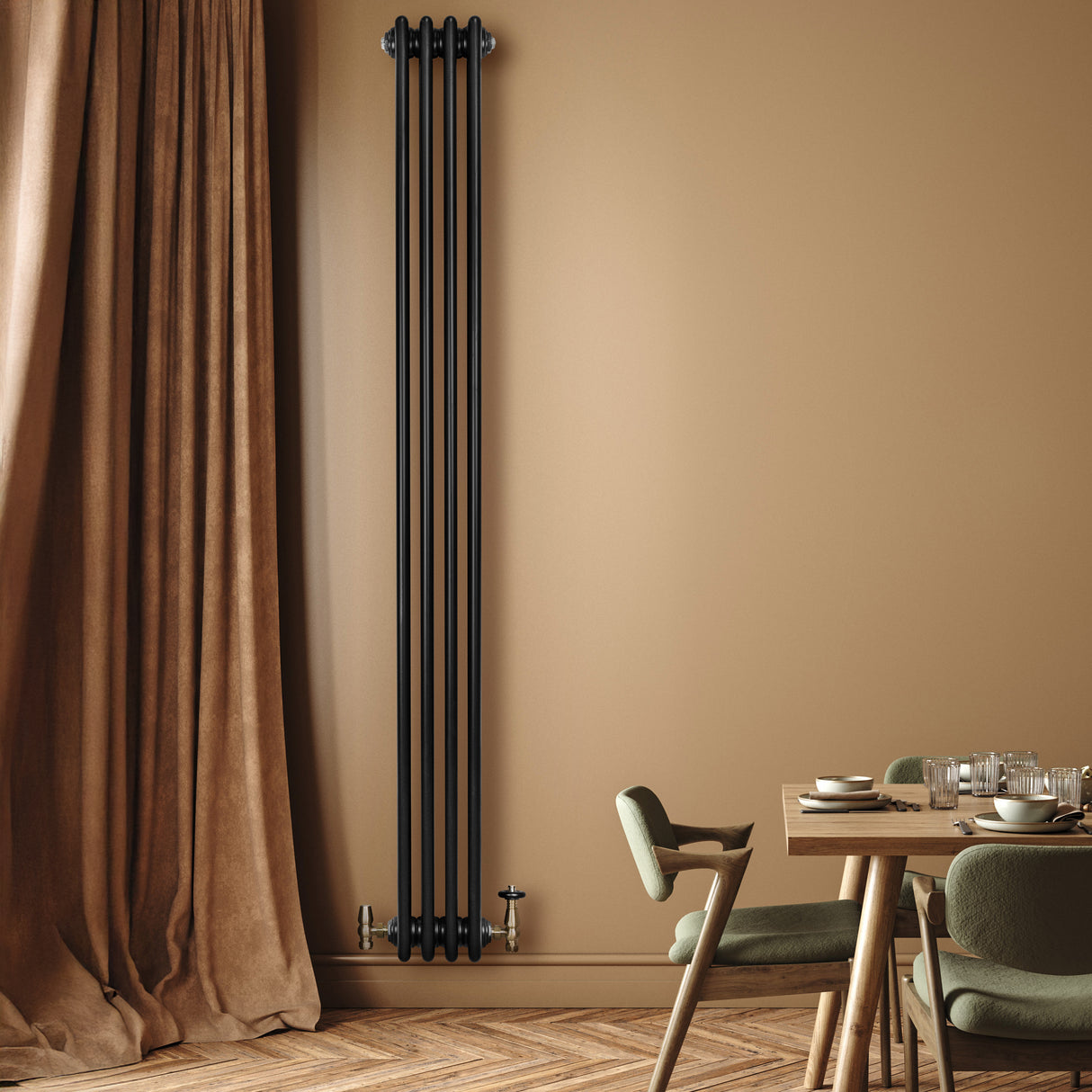 Radiador tradicional negro de 4 columnas, 1800 x 200 mm, instalado en pared beige, con válvulas metálicas y diseño elegante