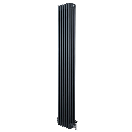 Radiador tradicional de 4 columnas en gris antracita, con válvulas, diseño vertical y acabado liso, ideal para calefacción eficiente