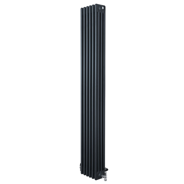 Radiador tradicional de 4 columnas en gris antracita, con válvulas, diseño vertical y acabado liso, ideal para calefacción eficiente