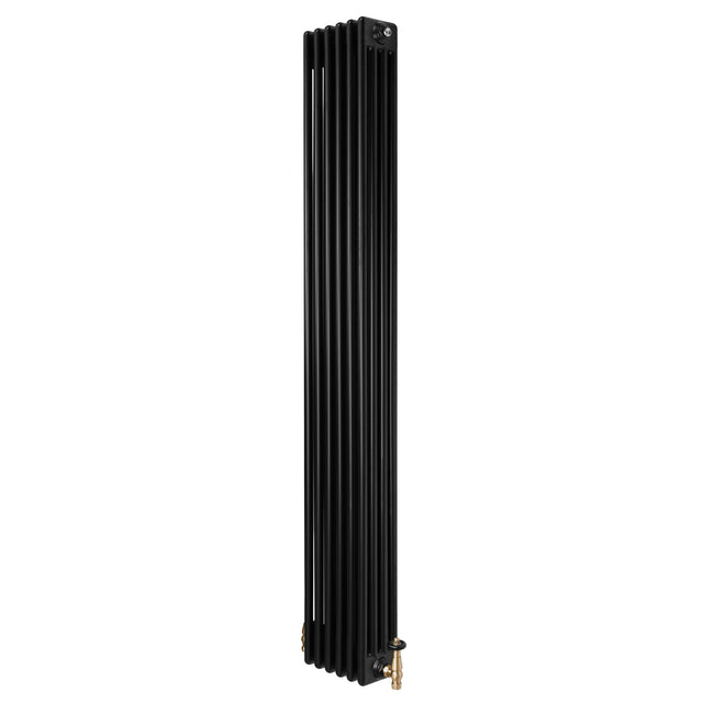 Radiador tradicional de 4 columnas en color negro, con válvulas doradas, diseño alargado y acabado liso, ideal para calefacción