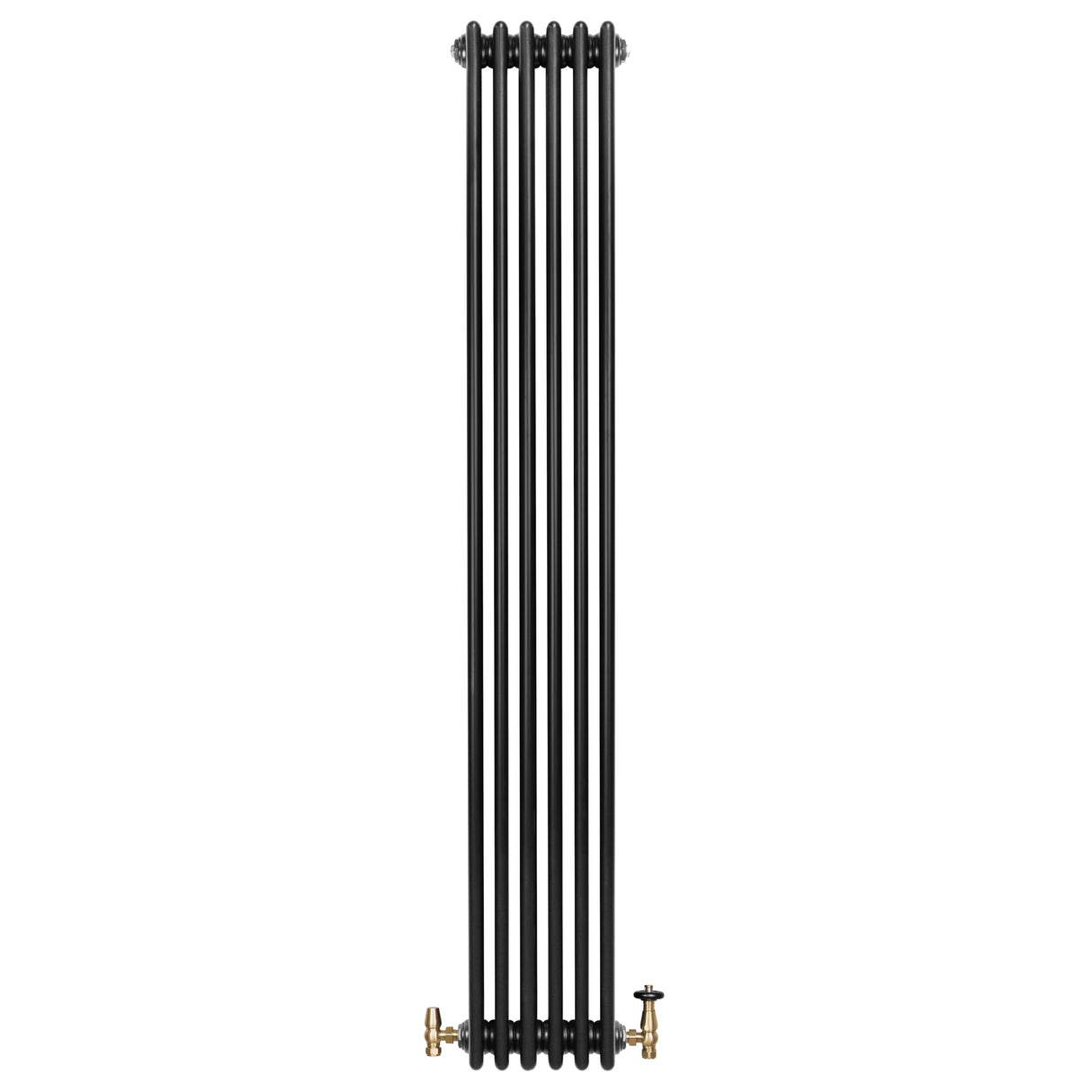 Radiador tradicional negro de 4 columnas, 1800 x 290 mm, con válvulas doradas, diseño elegante y acabado liso y brillante