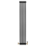 Radiador tradicional negro de 4 columnas, 1800 x 290 mm, con válvulas doradas, diseño elegante y acabado liso y brillante